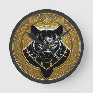 Horloge Ronde Icône de la Panthère noire avec fond géométrique d