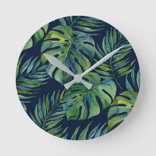 Horloge Ronde Île Moku Monstera Aquarelle Hawaïenne - Navy