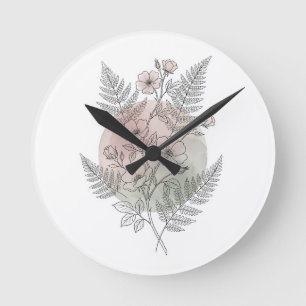 Horloge Ronde Illustration botanique de fougère et de fleurs sau