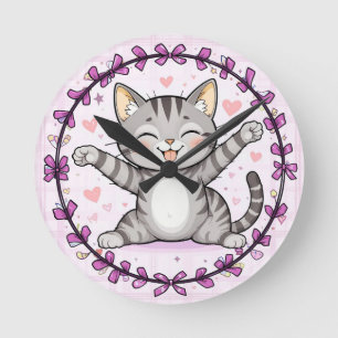 Horloge Ronde Illustration de chat de dessin animé heureux