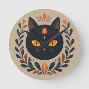 Horloge Ronde Illustration de chat noir aux yeux vibrants