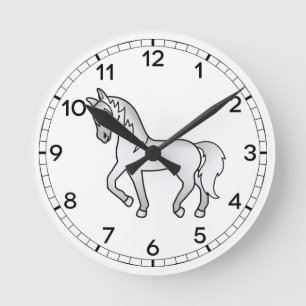 Horloge Ronde Illustration de Cheval Trotting Cartoon Gray Cute