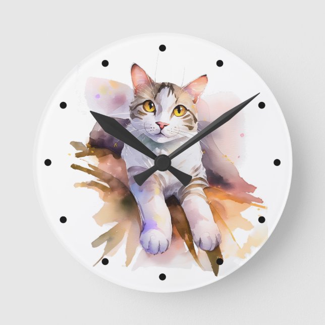 Horloge Ronde Illustration de l'aquarelle de chat blanc doux (Recto)