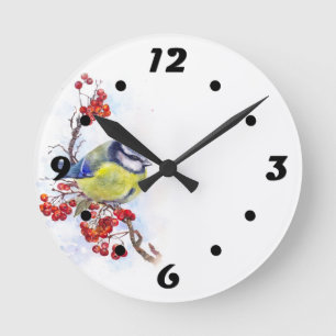 Horloge Ronde Illustration de mésange d'hiver à l'aquarelle bran