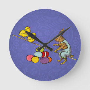 Horloge Ronde Illustration de Pâques : lapin qui couve des œufs
