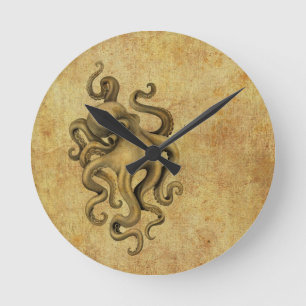 Horloge Ronde Illustration de pieuvre Vintage usée