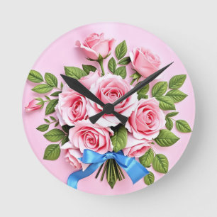 Horloge Ronde Illustration de ruban de bouquet de roses roses