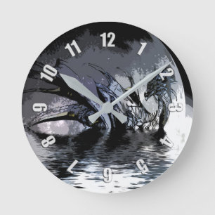 Horloge Ronde Illustration du dragon bleu et de la lune