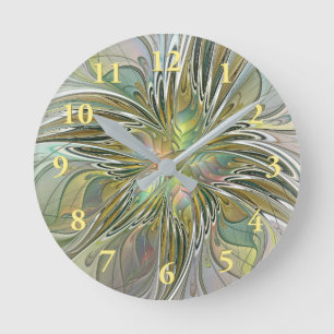 Horloge Ronde Imaginaire Floral Fleur Art Fractal Moderne Avec O