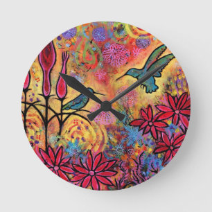 Horloge Ronde Imaginaire lunatique et coloré de colibri