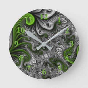 Horloge Ronde Imaginaire Monde Vert Et Gris Art Fractal Abstrait