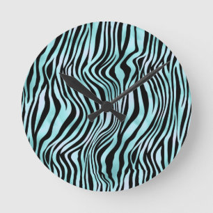 Horloge Ronde Impression Animale Peau de Zèbre Turquoise Bleu Cl