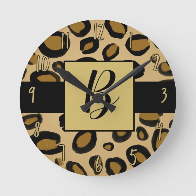Horloge Ronde Imprimé guépard peint taches doré beige marron (Recto)