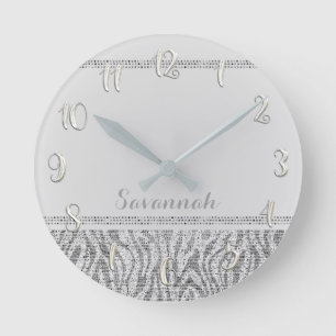 Horloge Ronde Imprimé Zèbre Blanc Argenté Paillettes Glamour