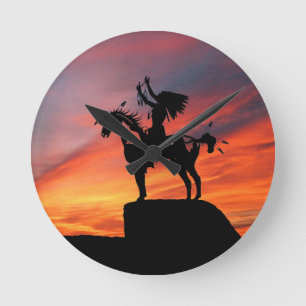 Horloge Ronde Indien d'Amerique et cheval indigènes