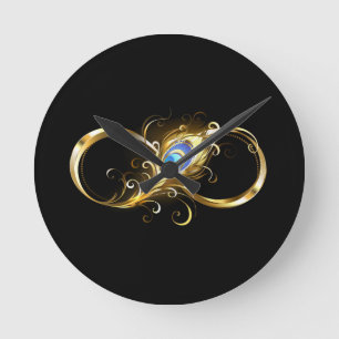 Horloge Ronde Infinité avec plume de paon doré
