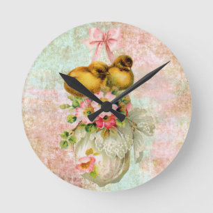 Horloge Ronde inséparables Flower Vintage Pâques Card art