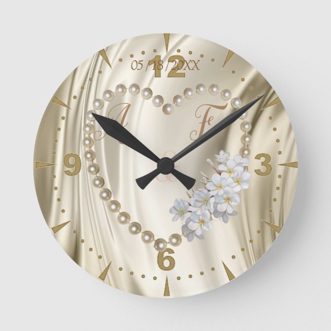 Horloge Ronde Ivoire, Vert, Bleu, Or Soie & Perles (Recto)