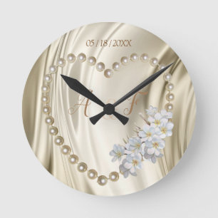 Horloge Ronde Ivoire, Vert, Bleu, Or Soie & Perles