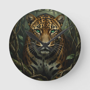 Horloge Ronde Jaguar de la jungle aux yeux verts intenses