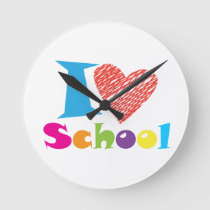 Horloge Ronde J'Aime L'École. Retour à l'école. Clé T-shirt 
