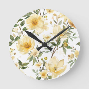 Horloge Ronde Jardin botanique aquarelle floral jaune