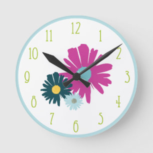 Horloge Ronde Jardin Daisy Fleur sauvage botanique Bleu clair