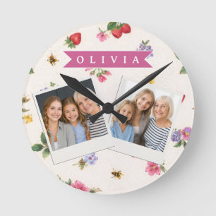 Horloge Ronde Jardin de Fraises Personnalisé Cottagecore Abeille