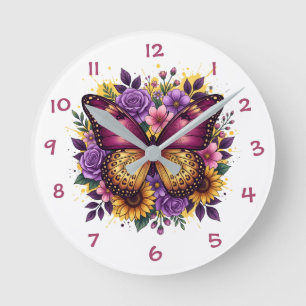 Horloge Ronde Jardin de papillons Bloom Violet Or Design Floral