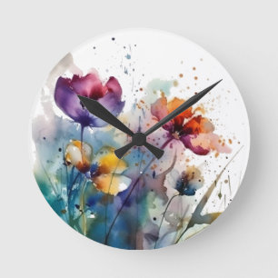 Horloge Ronde Jardin Dreamscape : Fleurs d'aquarelle Abstraites