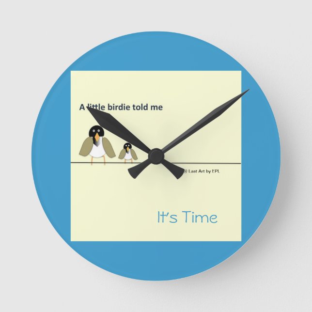 Horloge Ronde Jaune et Bleu Lumineux - Un petit oiseau raconté (Recto)