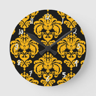 Horloge Ronde Jaune vif et noir damassé personnalisé moderne