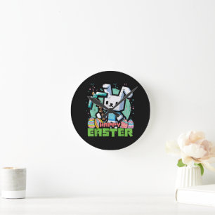 Horloge Ronde Jeu de pixels de lapin de Pâques heureux 