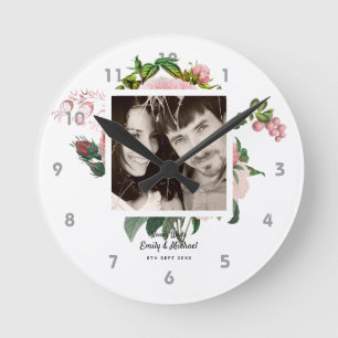Horloge Ronde Jeunes Mariés Roses Fleurs de Couleur Rose Pâle PH