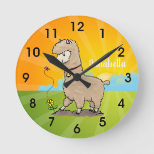 Horloge Ronde Joli alpaga joyeux avec dessin animé de papillon