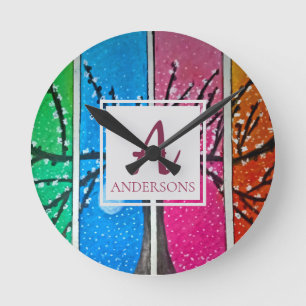Horloge Ronde Joli Bleu Vert Orange Rose Clair   Monogramme
