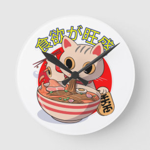 Horloge Ronde Joli chat japonais mangeant des nouilles avec des 