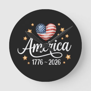 Horloge Ronde Joli cœur de drapeau 1776-2026 4 juillet 250e