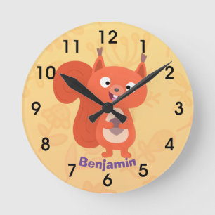 Horloge Ronde Joli dessin animé d'écureuil roux