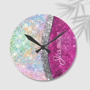 Horloge Ronde Joli monogramme faux paillettes rose iridescent ar