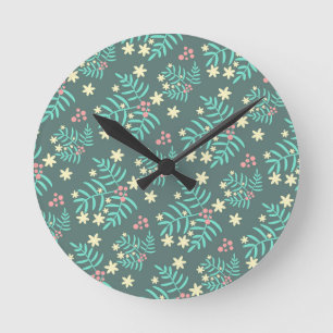Horloge Ronde Joli motif bleu de feuilles et de baies botaniques