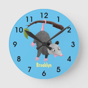 Horloge Ronde Joli opossum accroché à la branche dessin animé