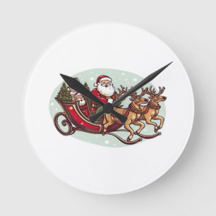 Horloge Ronde Joli Père Noël voyageant en train tiré par la brid