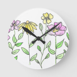 Horloge Ronde Jolies fleurs aquarelles roses et jaunes