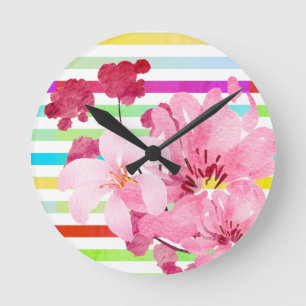 Horloge Ronde Jolies Fleurs Et Rayures Roses