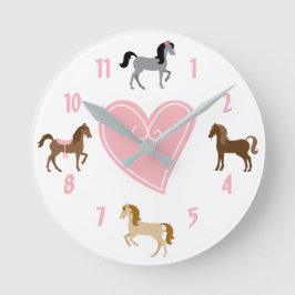 Horloge Ronde Jolis poneys et cheval rose de coeur