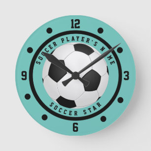 Horloge Ronde Joueur de football personnalisé bleu sarcelle garç