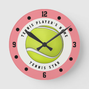 Horloge Ronde Joueuse de Tennis Nom Personnalisé Balle Rose Vert