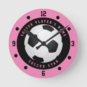 Horloge Ronde Joueuse sur mesure Rose et Black Girl's Soccer Sta