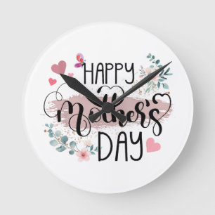 Horloge Ronde Joyeuse fête des Mères 2025 Fleurs mignonnes pour